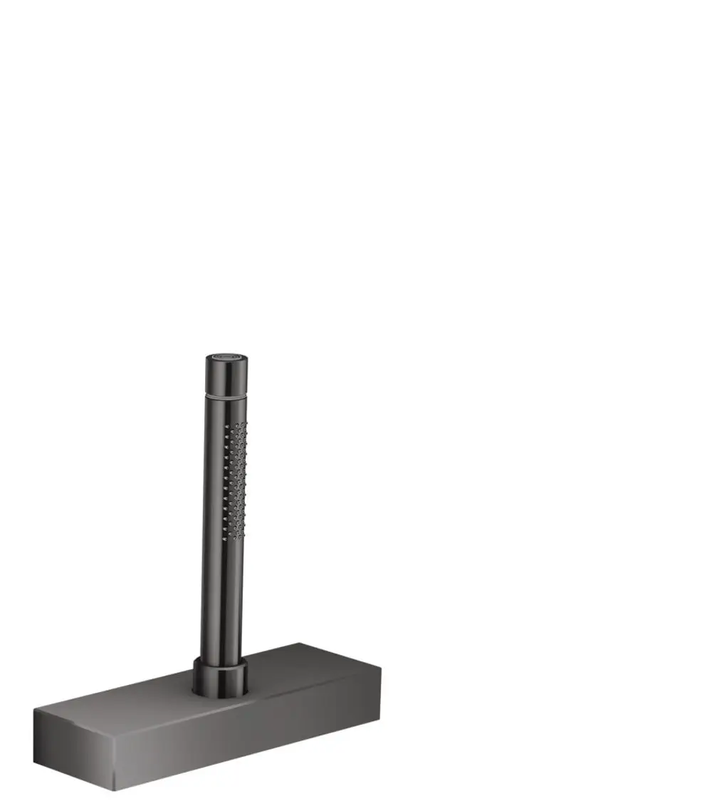Schwarzes Wannenrand-Set von AXOR mit einer stabilen, rechteckigen Basis und einem senkrechten, strukturierten Teil. Minimalistische Form ohne zusätzliche Elemente.